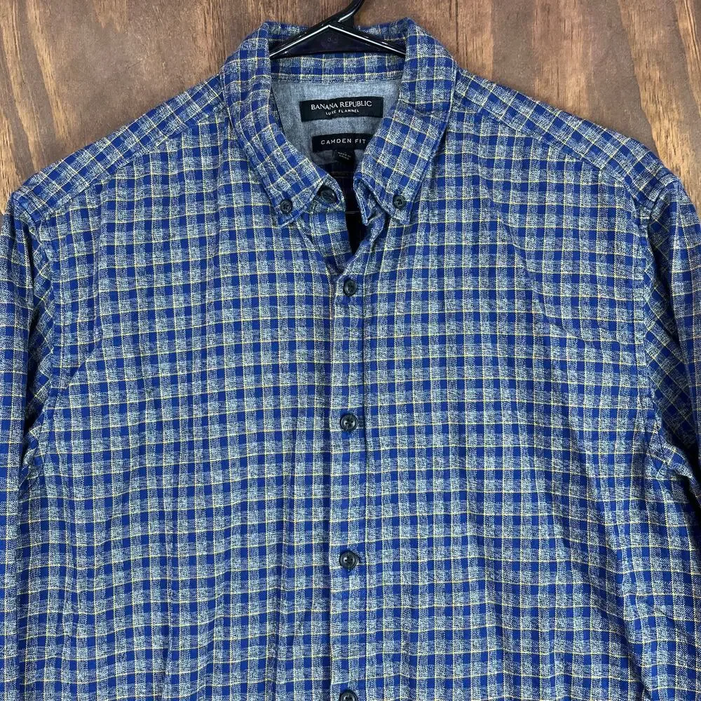 Banana Republic Mens Shirt Blue Yellow Plaid Luxe Flannel Camden Fit Medium